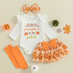 Toddler Girls Pumpkin Print  Romper with accessories